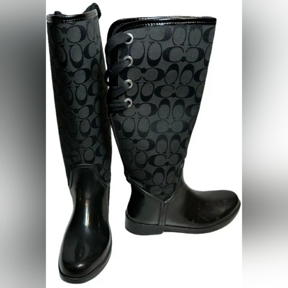 Coach Designer Tristee Black Signature Print Round Toe Rain Boots Size 9 B - Picture 3 of 9